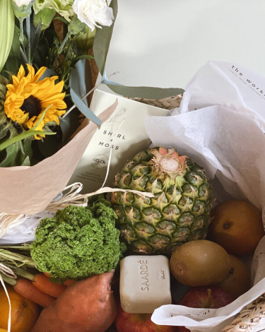 Local Market Produce and Blooms Gift Basket