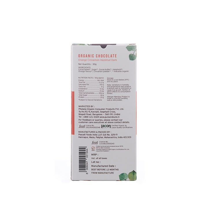 Organic Chocolate Bar, Orange, Cinnamon, Hazelnut Dark 30Gms - Phalada Pure & Sure