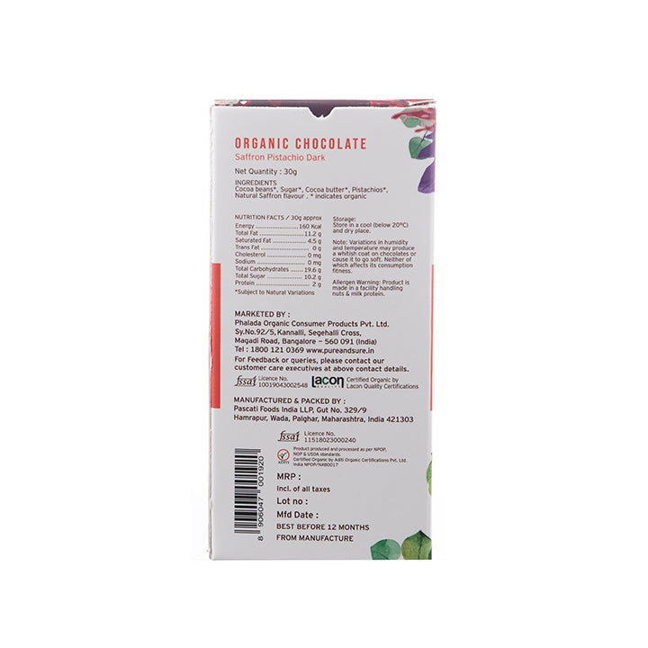Organic Chocolate Bar, Saffron Pistachio Dark 30Gms - Phalada Pure & Sure