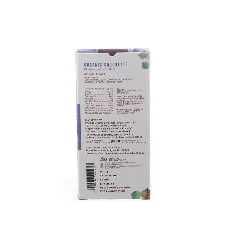 Organic Chocolate Bar, Blueberry Almond Dark 30Gm - Phalada Pure & Sure