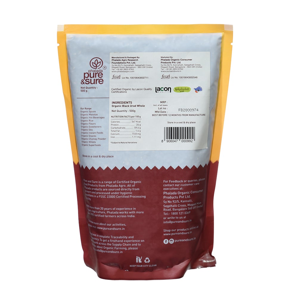 Organic Black Urad Dal Whole - 500g - Phalada Pure & Sure