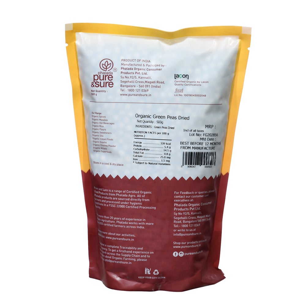 Organic Green Peas Dried-500Gms - Phalada Pure & Sure