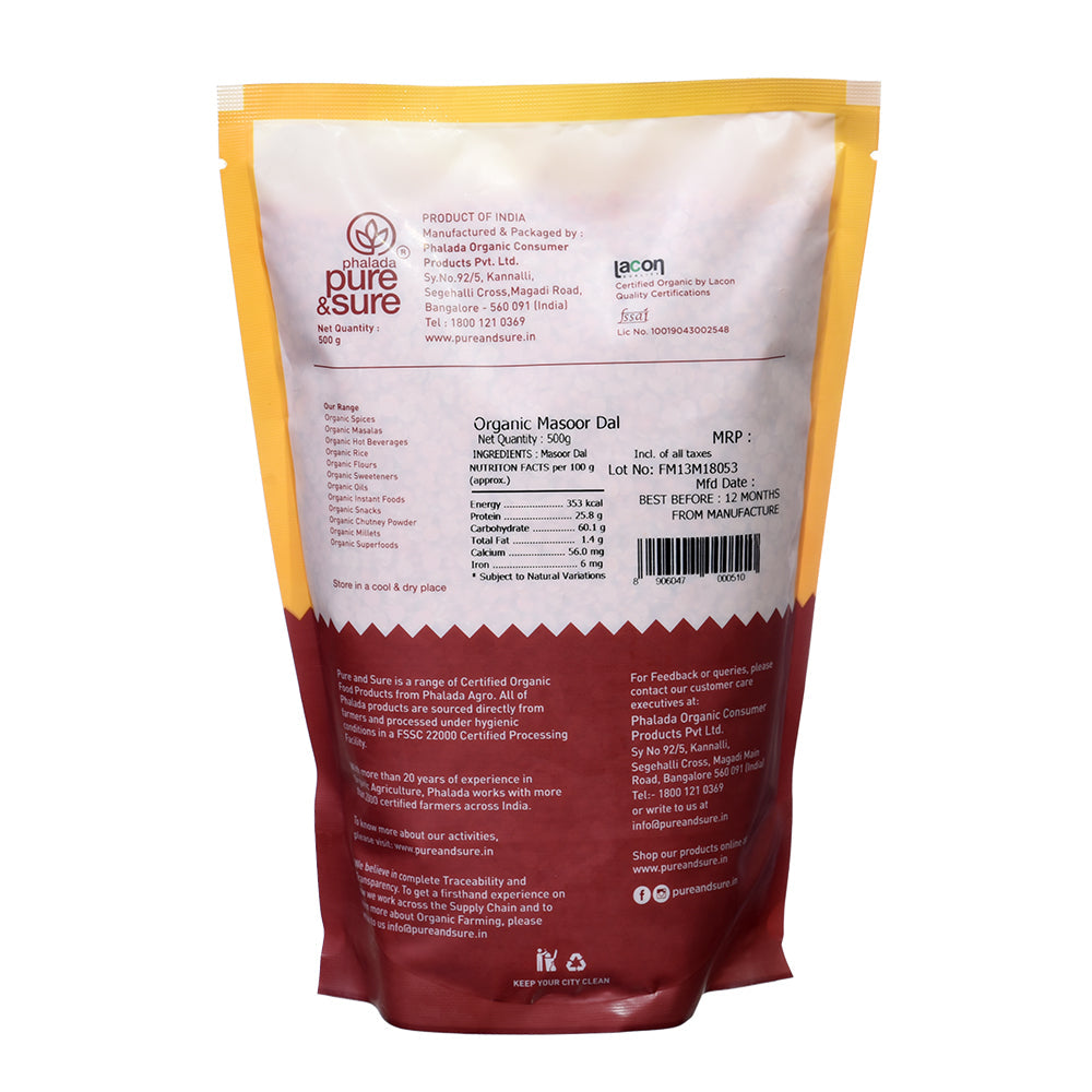 Organic Masoor Dal - 500 Gms - Phalada Pure & Sure