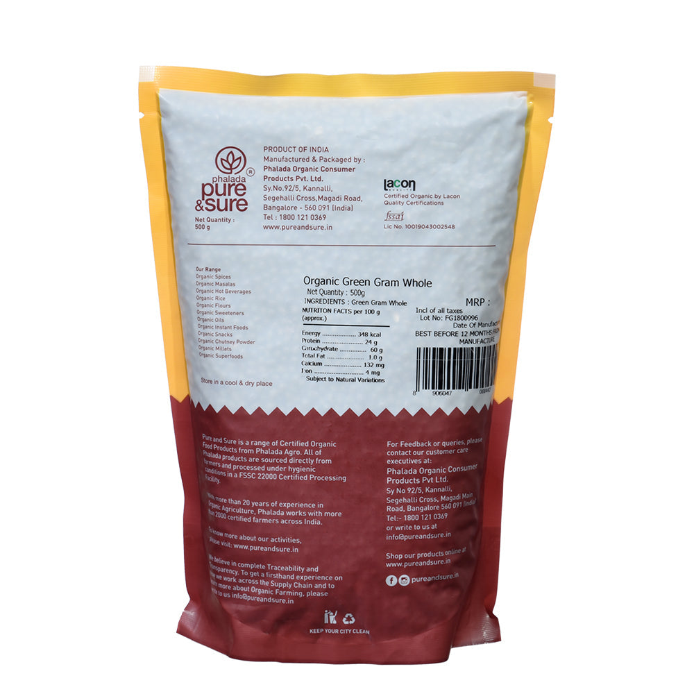 Organic Green Gram Whole - 500 Gms - Phalada Pure & Sure