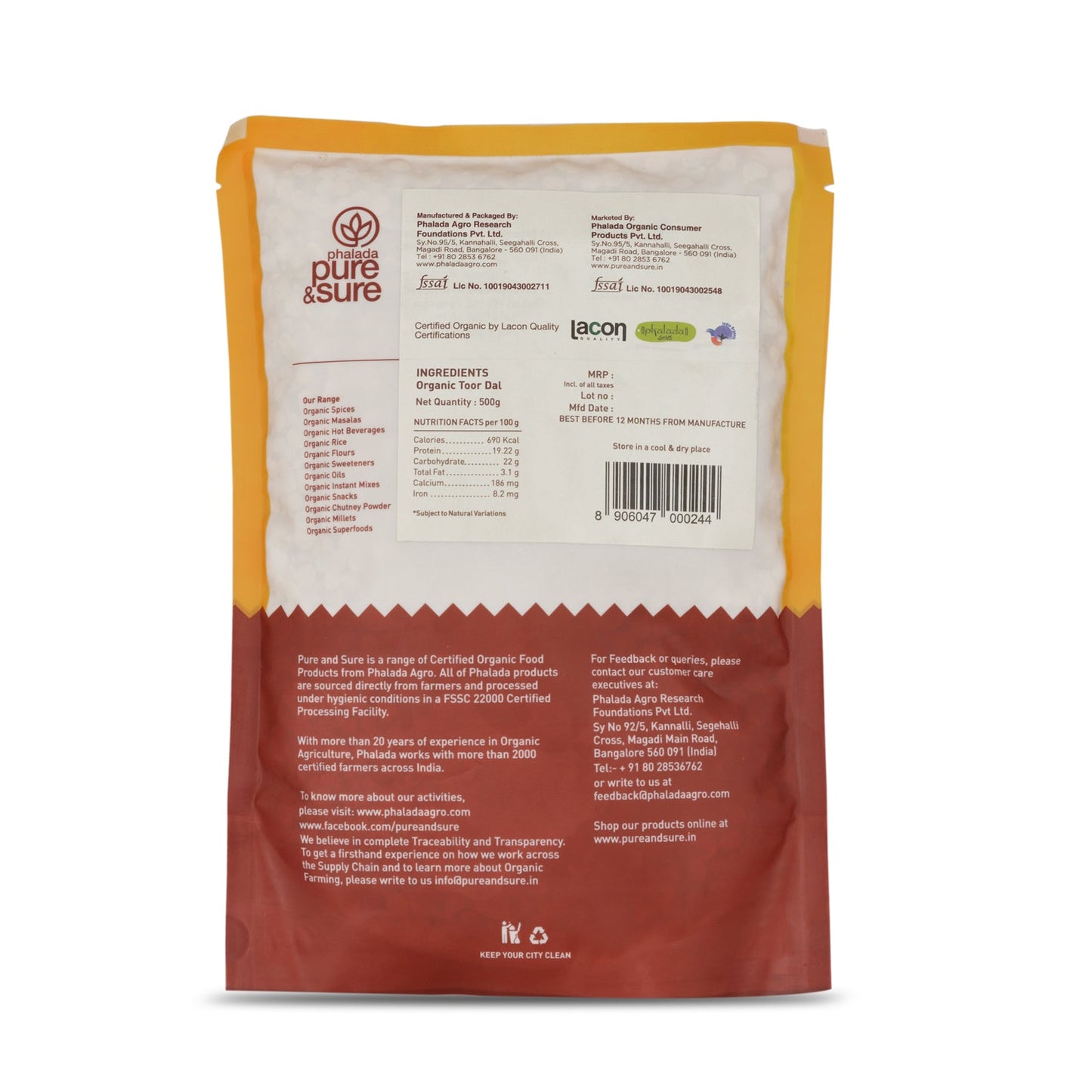 Organic Toor Dal - 500 Gms - Phalada Pure & Sure