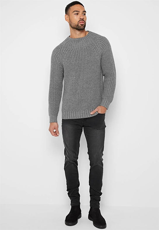 RIBBED KNITTED FUNNEL NECK JUMPER - GREY
