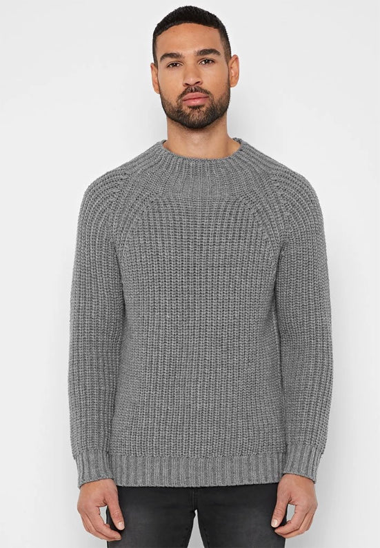 RIBBED KNITTED FUNNEL NECK JUMPER - GREY