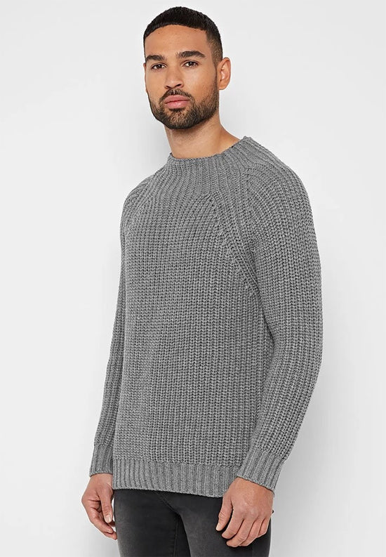 RIBBED KNITTED FUNNEL NECK JUMPER - GREY