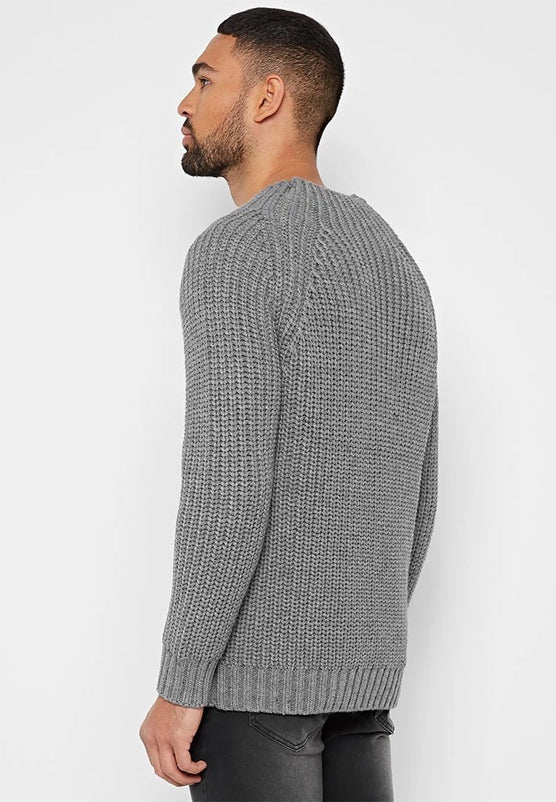 RIBBED KNITTED FUNNEL NECK JUMPER - GREY