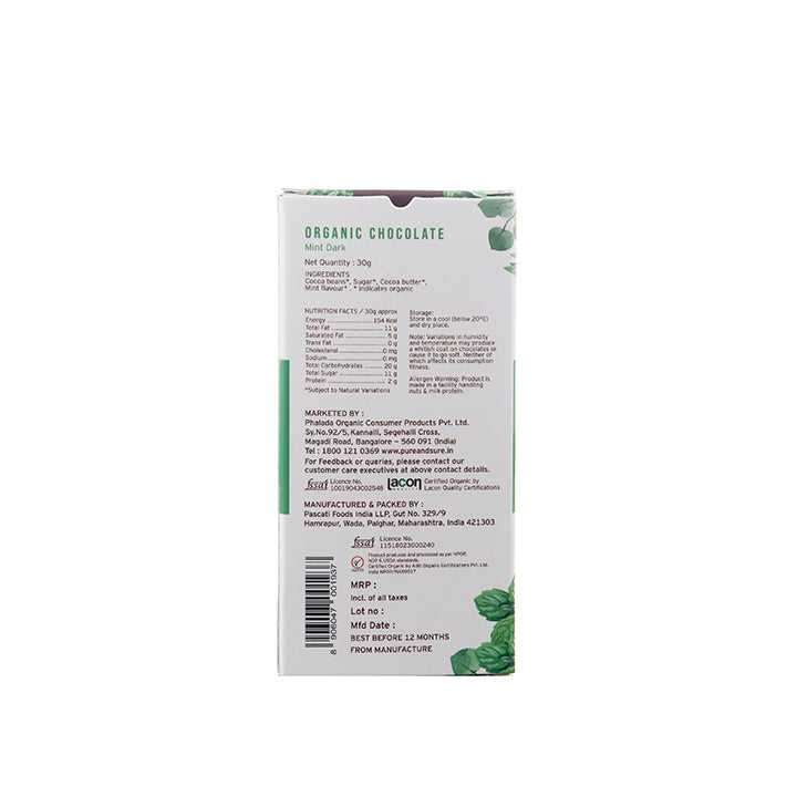 Organic Chocolate Bar, Mint Dark 30Gms - Phalada Pure & Sure
