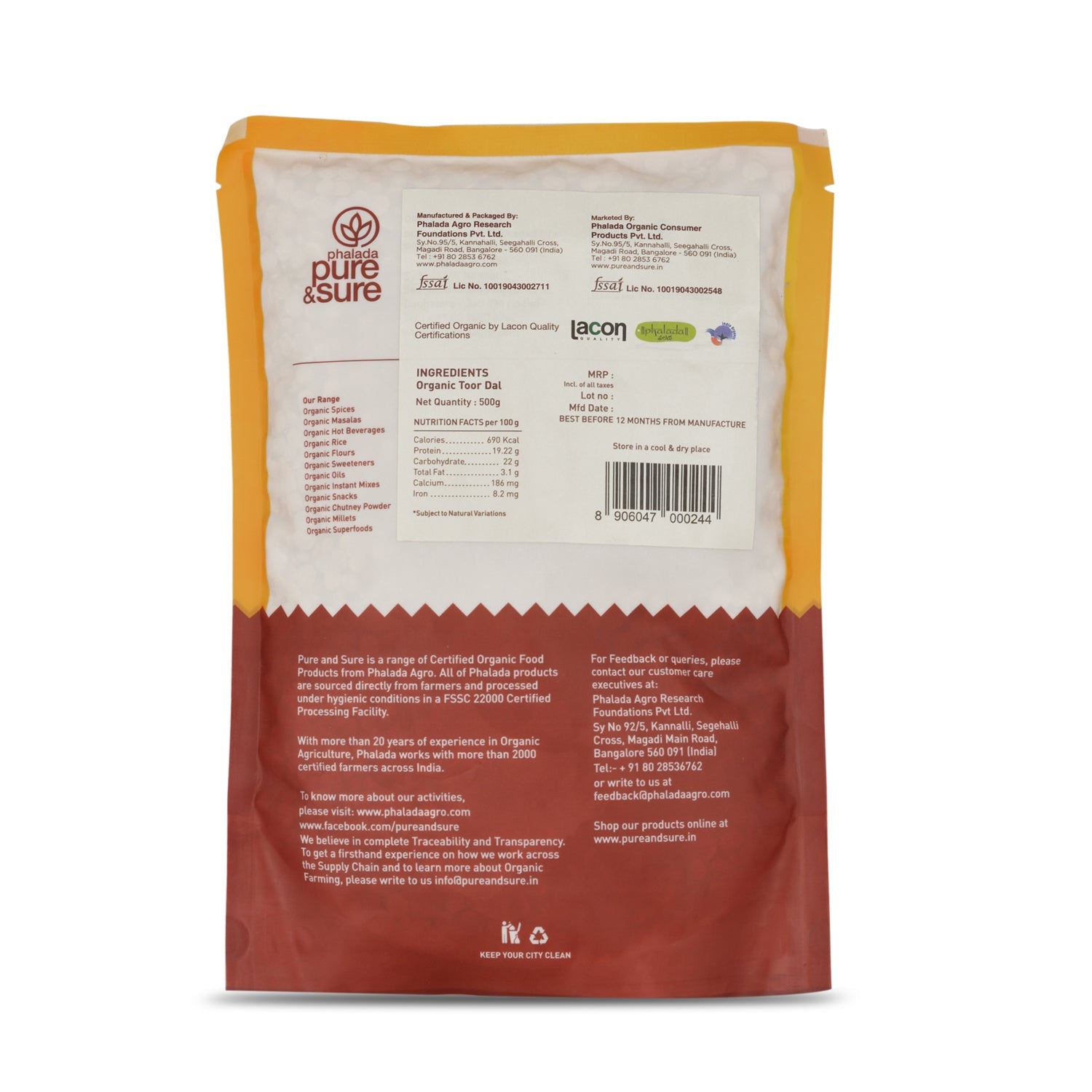 Organic Toor Dal - 500 Gms - Phalada Pure & Sure